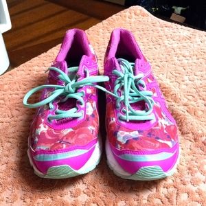 ASICS sneakers pink with red roses with  mint color